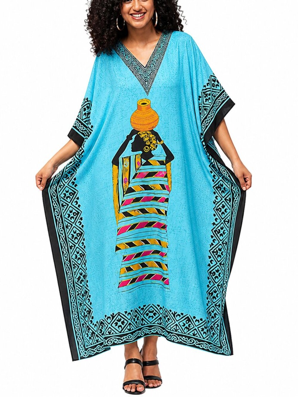 Women Plus Size Fit and Flare Tribal Print Turquoise Kaftan Dress by Gypsie Blu